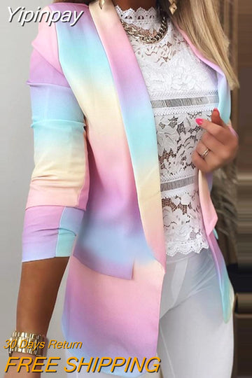 Yipinpay New Causal Fashion Jacket Coat Office Work Suit Colorblock Long Sleeve Blazer Coat Women Chic